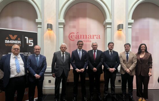 Presentación CEIMS: Juan Ignacio López-Escobar; decano del Colegio de Ingenieros de Minas del Sur; Jesús Portillo, director general de Minas de la Junta de Andalucía; Francisco Herrero, presidente de la Cámara de Comercio de Sevilla; Jorge Paradela, consejero de Industria, Energía y Minas de la Junta de Andalucía; Enrique Delgado, presidente de Aminer; Álvaro Pimentel, segundo teniente de alcalde y delegado de Cartuja, Parques innovadores, Movilidad, Economía y Comercio del Ayuntamiento de Sevilla; Cristóbal Sánchez, viceconsejero de Industria, Energía y Minas de la Junta de Andalucía y Estefanía Delgado, gerente ejecutiva de Aminer.