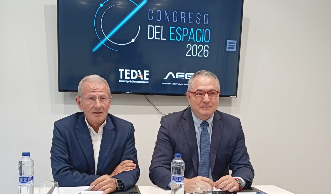 El vicepresidente de espacio de Tedae, Jorge Potti (izquierda) y el director general de la Agencia Espacial Española, Juan Carlos Cortés, durante la presentación del Congreso del Espacio de Madrid 2026. Firma: Industry Talks