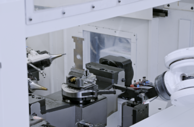 Célula de mecanizado CNC automatizada en la fábrica digital de meviy donde un brazo robótico gestiona la carga de piezas industriales personalizadas directamente desde el modelo CAD del cliente. Firma: Meviy