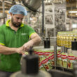 Un operario supervisa la línea de envasado de alta velocidad de aceite de oliva Carbonell en el complejo industrial de Deoleo en Alcolea, Córdoba. Firma: Deoleo